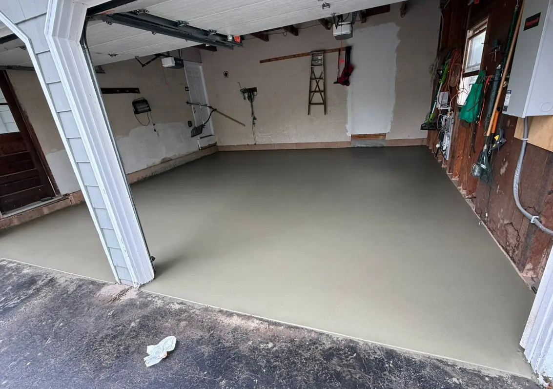 Newly finished smooth concrete garage floor